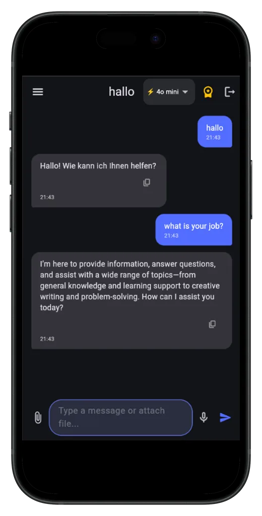 AI chat screen with streaming answers and model switcher